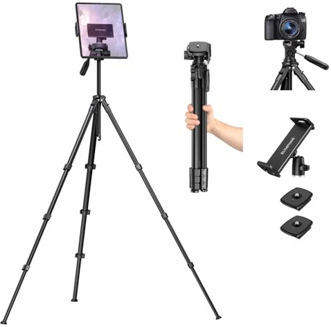 elitehood Lightweight Stable iPad Tripod, Adjustable Camera Tripod for iPad Pro 13, Aluminum iPad Stand Floor for Video Recording/Photography, Tablet Stand Holder for 4.7-13in Tablet/Phone/DSLR