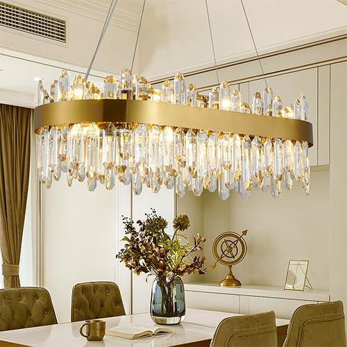 Moderne Kristall-Kronleuchter, Luxus Oval Gold Kronleuchter Zeitgenössische Kristall Pendelleuchte für Esszimmer, Küche Insel, Wohnzimmer, Schlafzimmer, Restaurant, L76,5 * B35 cm, Antik Messing