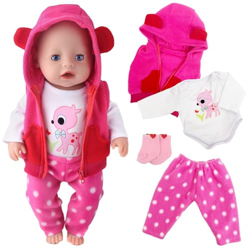 Carreuty Puppen-Kleidung für 12-14 Zoll Puppen, rosa Hirschkostüme mit Weste, Langarm-T-Shirts, Hosen, Socken für 30-35 cm Puppen, neue Puppenkleidung