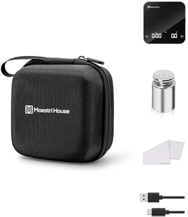 Maestri House S2 Mini Kaffee-Waage Barista Kit, 2kg/0,1g mit Timer | 100g Kalibriergewicht & Tragetasche, wiederaufladbare Espressowaage mit 0,1g Präzision, Timer für Espresso und Pour-Over
