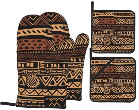 Guantes Cocina Tela De Barro Tribal Africana 4 Piezas Lavables Kitchen Baking Set Transpirable Guantes Aislantes para Barbacoas Horno Pastel