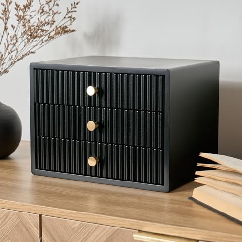 OHS Ribbed Wooden Desktop Drawers, Small Item Storage Desktop Drawer Organizer Office Supplies Filing Stackable Makeup Container Jewellery Tabletop Storage Cabinet with 3 Drawers, Black