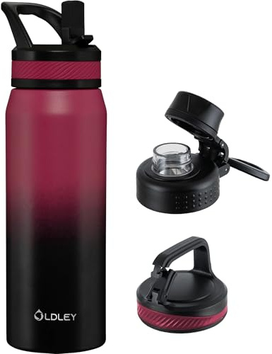 OLDLEY 750ml Insulated Water Bottle with Straw, Stainless Steel Water Bottles with 3 Lids & Handle, BPA Free Leakproof Thermal Metal Drink Flask Keep Hot and Cold for Sports, Gym, Hiking (Red Black)