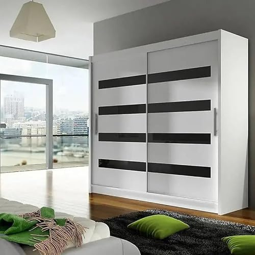 Agritrade AK BEGA XI 180 Wardrobe with Sliding Doors Hanging Rail Shelves White with Black