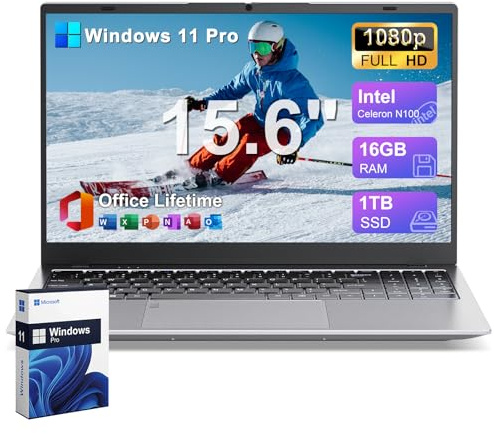 2025 Gina 15 15,6 Zoll FHD Windows 11 Pro Laptop Computer für Zuhause/Schule/Business, Intel 4-Core N100 bis zu 3,4 GHz, 16 GB DDR5 RAM, 1 TB SSD, Free Office, Fingerabdruck, Ziffernblock, Webcam