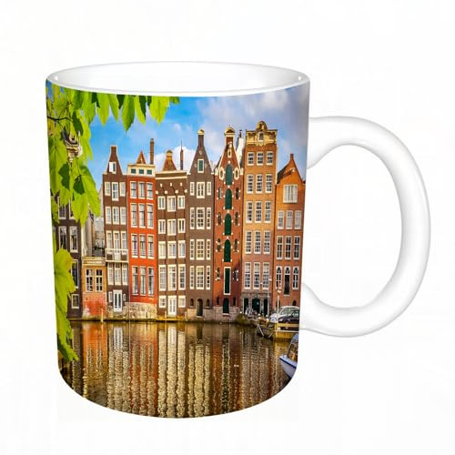 AELKSP Keramik-Kaffeetasse, große Milchkaffeetasse,Teetasse,lustige tassen,mama tasse,papa tasse,kindertasse,Stadtbild, alte Gebäude in Amsterdam Noord Ferry Cultural Netherlands Stadt mit,11oz/330ml