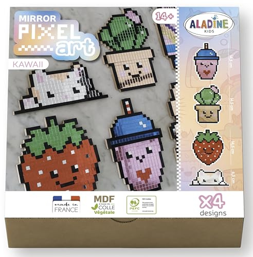 Aladine - Kit Décorations Pixel Art « Kawaii » - Kit Créatif Mosaique - Carrés Adhésifs Effet Miroir - Chat, Cactus, Bubble Tea, Fraise - Formes en Bois - Peinture Loisirs Créatifs - 85614