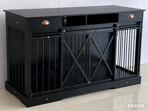 Double Dog Crate Furniture with Removable Divider Heavy Duty Wooden Pet House Indoor Kennel with Sliding Doors Storage Drawers Multifunctional TV Stand Console Table for Two Dogs