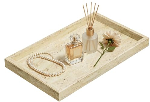 ENUMAIL Decorative Natural Marble Vanity Trays,30x20x3cm,Travertine | Rectangular Bathroom Tray with Anti Slip Foot Pad,Stone Plate with Unique Patterns,Polishing Pallet for Key,Jewelry Organizer