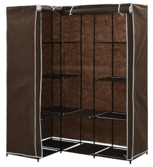 Augerlite Eckkleiderschrank Braun 130 x 87 x 169 cm Stabiler Eisenrahmen, platzsparender Kleiderschrank klein mit Stoffüberzug, Aufbewahrungslösung für Kleidung, Schuhe und Taschen im Schlafzimmer