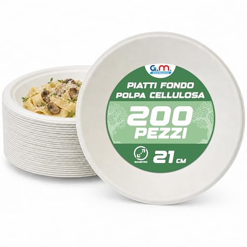 G.M. DISTRIBUZIONE 200 Piatti Fondi Ciotola 21 cm Bianchi in Polpa di Cellulosa, Compostabili e Biodegradabili, Adatti al Microonde, per Zuppe Pasta Riso Catering