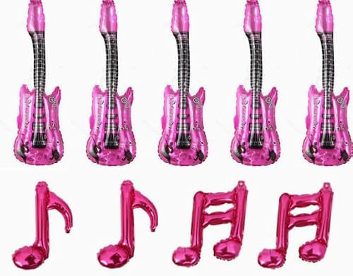 Lot de 9 guitares gonflables à gonfler, pour fêtes de musique et fêtes, guitare aérienne et notes en rose et magenta pour séances photo et décorations