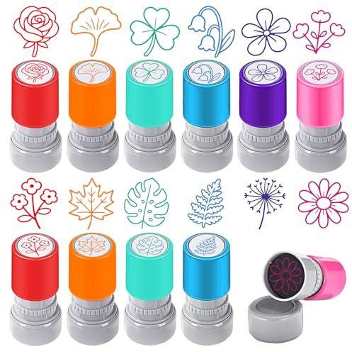 GLOBLELAND 12 Stk Pflanzen Selbstfärbestempel Blatt Motivstempel für Lehrer | Naturmotiv, selbstfärbend, ideal für Unterricht, Basteln, Karten, Journaling, Prägen