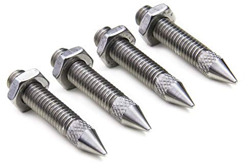PrecisionGeek Stainless Steel M6 × 35 mm Knurled Speaker Spikes with Locking Nuts – Slim Solid Spikes for Hi‑Fi Cabinets, Racks & Subwoofers (Set of 4)