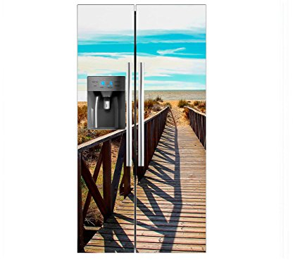 Vinilo Frigorífico Americano Puente Madera Playa | 91X179cm | Varias Medidas | Pegatinas de Nevera Económicas y Elegantes | Vinilo Nevera