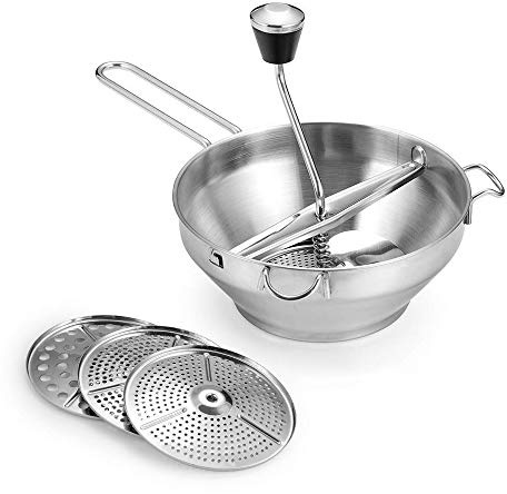 Rotary Food Mill with 3 Interchangeable Disks, Great for Making Puree or Soups of Vegetables, Tomatoes, Applesauce, 304 Polished Food-Grade Stainless Steel, Easy to Clean and Easy to Assemble