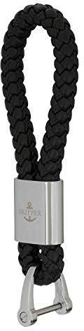 Schlüsselanhänger aus Leder Imitat geflochten und Edelstahl mit D-Schäkel Geschenk für Frau Mann Freund Auto Fahrrad Motorrad Boot Silber - 22Skipper (Schwarz - 7289)