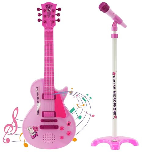 Kids 6 String Pink Electric Play Guitar & Microphone Set with Adjustable Stand Musical Toy, 8 Demo Songs