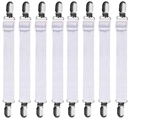 Fenrad Bettlakenspanner Verstellbar 8 Stück, Betttuchspanner mit Metallclips Elastische Lakenspanner Spannbettlakenhalter Matratzenspanner für Ecken von Bett, Krippe, Bügelbrett, Matratze (Weiß)