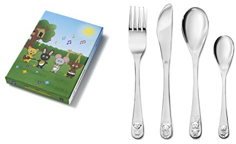 Zilverstad Kinderbesteck Tiermusikanten 4-tlg Edelstahl 16,9/17,8/16,8/13,4cm (Gravur bis 20 Zeichen)