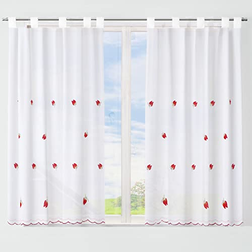 Dalina Textil - Cortina de Cocina Translúcido con Bordado, Visillo Transparente para Cocina, Comedor, Marco de Puerta 1 Pieza Tejido Gasa Fina (Bordados Fresas, 140x140cm)