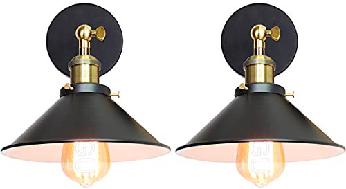 iDEGU 2 Stück Wandleuchte Industrielle Vintage Wandlampe Deckenleuchte Edison-Stil Metall Retro Lampe mit 180° Drehung E27 Fassung Lampe für Küche Flur, 22 cm Lampenschirm (Schwarz mit Innen Weiß)