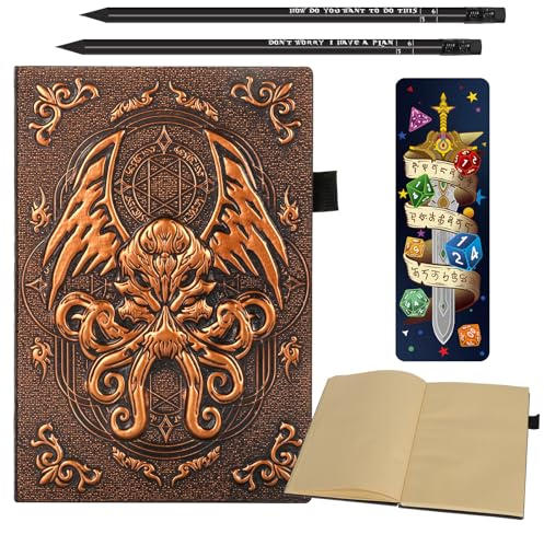 DND Kampagnen-Tagebuch mit 3D-Cthulhu-geprägtem Ledereinband, 192 leere Seiten, A5-Notizbuch, toller RPG-Notizblock für GM und Spieler (Bronze)