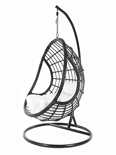 Kideo Komplettset: großer Hängesessel mit Gestell & Kissen, Korbsessel, Poly-Rattan, schwarz (Kissen: weiß Chesterstepp (1000 Snow), Korb & Gestell: schwarz)