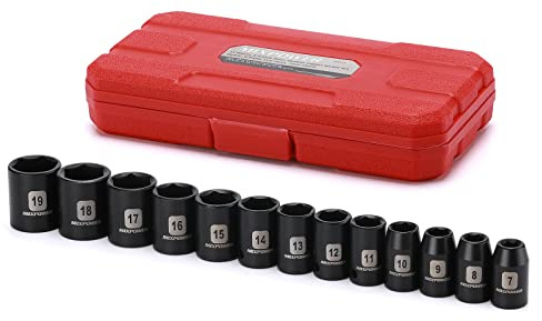 MIXPOWER 13 Pieces 3/8-Inch Drive Shallow Impact Socket Set, 7mm to 19mm, CR-V, Metric, 6 Point, Shallow, 13 Pieces 3/8 Dr. Socket