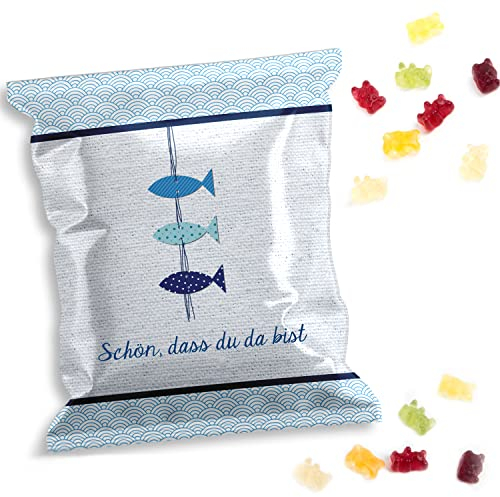Gummibärchen Mini-Tütchen, 10 Stück Fruchtgummi Päckchen Fische blau als Tischdeko & Gastgeschenk Taufe Kommunion Konfirmation Hochzeit Geburtstag, Hergestellt in der EU, 7 x 9 cm