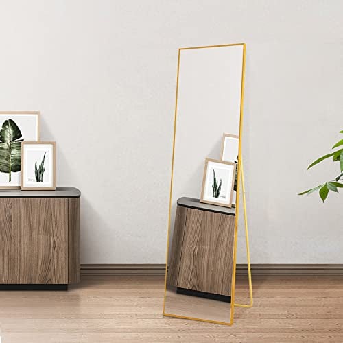 AUFHELLEN Ganzkörperspiegel 150x40cm mit Golden Metallrahmen Standspiegel HD Groß Wandspiegel mit Haken für Wohn-, Schlaf- und Ankleidezimmer Spiegel