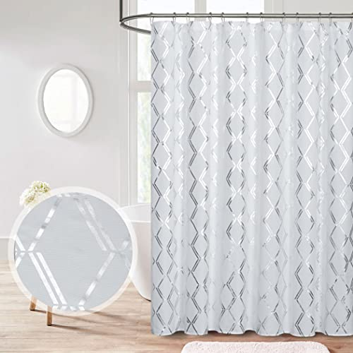 Homechoice Decor Metallic Silber Geometrisch Bedruckter Duschvorhang, Weißer funkelnder Stoff-Duschvorhang mit Rautenmuster, 182.9x182.9 cm, Mikrofaser (LQ-25)