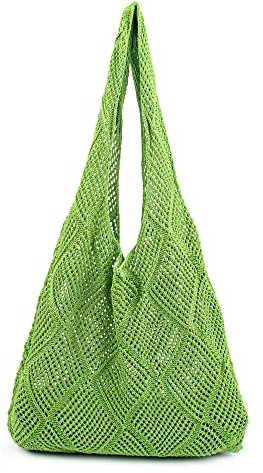 Stizimn Häkelnetz-Strandtasche, Schultertasche, Handtaschen, Stricken, hohl, Sommertasche, Hobo-Tasche, ästhetisch für Damen, Grün, Large