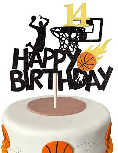 SYKYCTCY 1 Pack Happy 14th Birthday Basketball Cake Topper Glitter NBA Fan Basketball Sports Cake Pick Cheers to 14 Years Birthday Cake Decoration for 14th Birthday Basketball Party Supplies Black