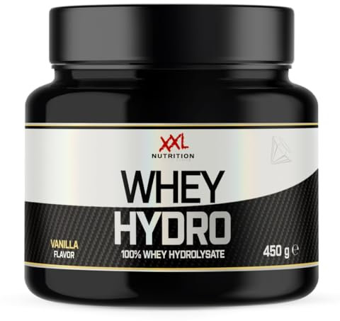 XXL Nutrition - Whey Hydro - Hydrolysiertes Whey Isolat, Eiweiss Pulver, Schneller Aufnahme, 87,5% Eiweißgehalt, Hohem Anteil EAAs & BCAAs - 450 Gramm - Vanille