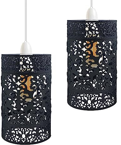 DC VOLTAGE 2 Pack of Metal Black 13.5cm Drum Shape E27 Pendant lampshade Industrial Indoor Easy Fit Open Style for Living Room Bedroom Bathroom Hallway.