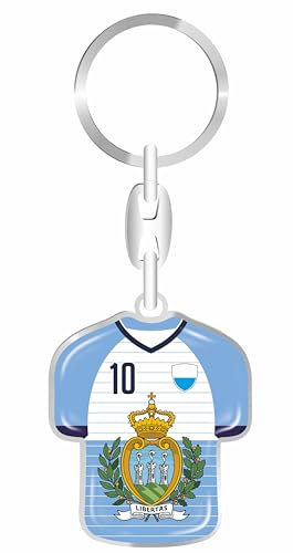 daged San Marino Trikot Schlüsselanhänger Mit Sticker WM Fussball - Metall-Keyholder 3D Effekt. World Cup Design
