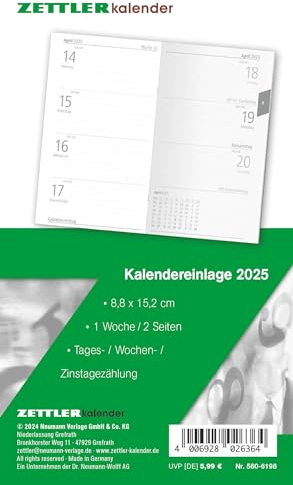 Zettler - Kalender-Ersatzeinlage 2025, 8,8x15,2cm, Ersatzeinlage für Taschenplaner Typ 560, in Folienverpackung, 1 Monat auf 1 Seite, Tages,- Wochen- und Arbeitstagezählung und deutsches Kalendarium