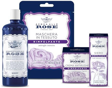 Acqua alle Rose, Kit Routine Viso Rimpolpante, Azione Riempitiva e Distensiva, contiene Tonico Rinfrescante, Crema Antirughe, Siero e Maschera in Tessuto - Esclusiva Amazon