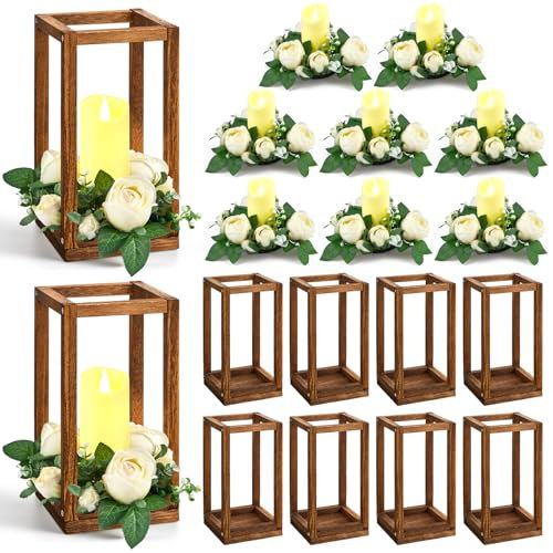 Sabary 30 lanterne in eucalipto per matrimoni, con portacandele in legno, candele a LED, ghirlande di rose per casa di campagna, decorazioni decorative rustiche per la tavola, regalo per feste in