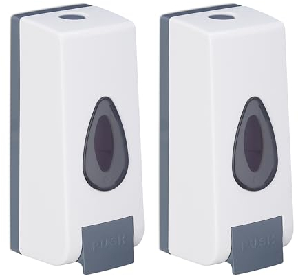 Relaxdays Distributeur de Savon Mural, Lot de 2, Porte-Savon Liquide avec Pompe, HLP : env. 19x8x8 cm, Blanc/Gris
