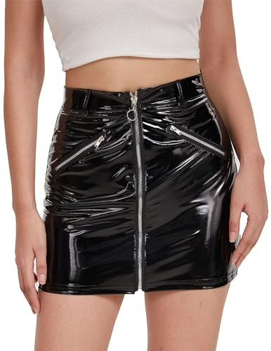 Rock Damen kurz Leder Minirock Damen sexy Wetlook PU Lederrock Damen Wetlook Rock Latex Rock Damen kurz Lackleder sexy offener Rock Erotischer kurzer Rock mit Reißverschluss Clubwear Party(L)