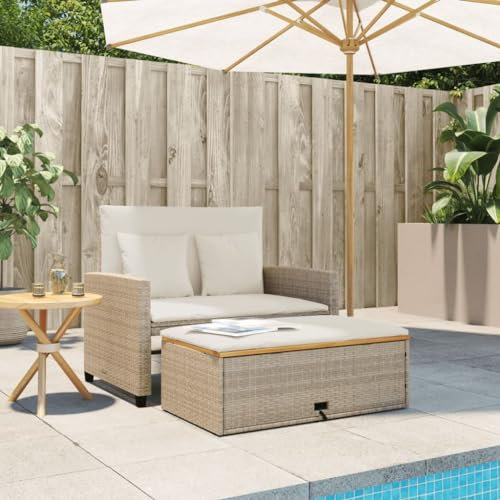 Homgoday Sofá de jardín con cojín, sofá de ratán de 2 plazas, sofá de terraza, sofá, reposapiés, grupo de asientos, banco de jardín, sofá de ratán, muebles de jardín, muebles de terraza, color beige