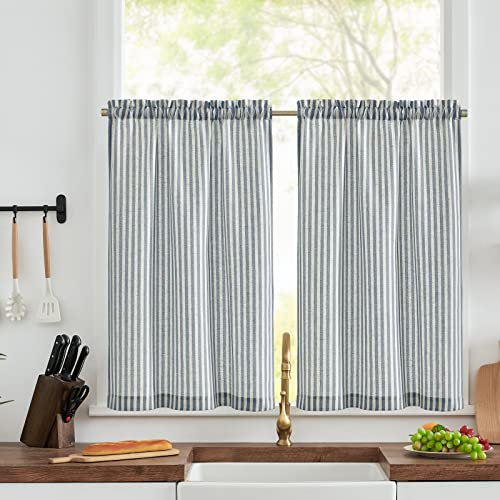TOPICK Cortinas pequeñas a rayas de lino de 45 pulgadas de caída, cortinas de cocina, cortinas translúcidas de café, decoración de lino que filtra la luz, para ventana pequeña, sótano, fregadero,