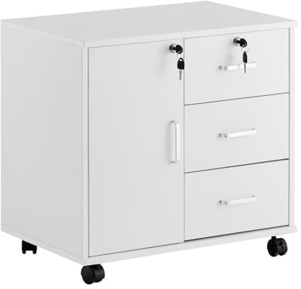 ZBAOLTO Rollcontainer Aktenschrank aus Holz, Abschließbar Büroschrank mit 3 Schubladen und Tür, Vertikale Büro-Aktenschränke mit Rollen für Büro Arbeitszimmer Wohnzimmer, 40×60×57 cm, Weiß