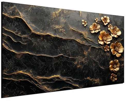 DARO Design® Leinwandbild Groß 84x56 cm XXL Wohnzimmer Deko Modern Wandbild Kunstdruck auf Leinwand Bild Schlafzimmer über Bett Room Geschenke Abstrakt Marmor Granit Gold Blume Blüten Schwarz