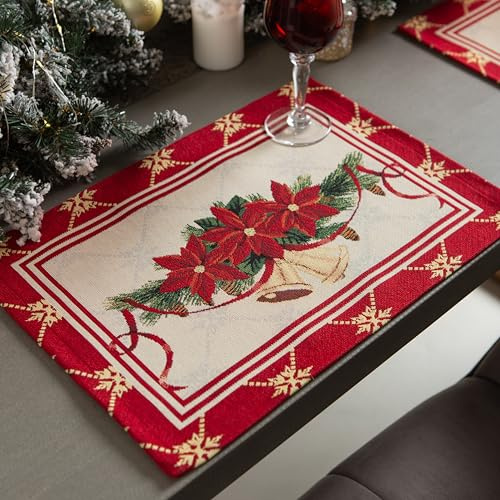 Gobelin Weihnachtstischdecke | Weihnachtliche Tischwäsche | Tischläufer | Tischdecke für Weihnachten und Neujahr (Glocken (Glitzerlos), Platzset 35x45 cm)