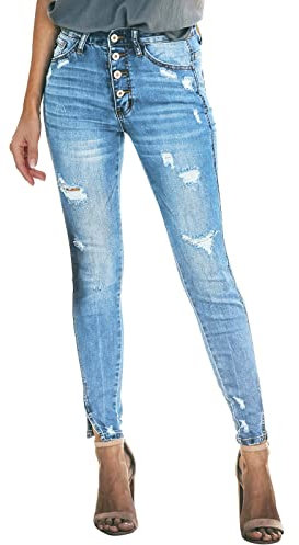 Damen Dehnbare hoch taillierte -Jeans mit geradem Bein und ausgefransten -Denim-Hosen Jeanshosen Damen Stretch Kurz (A, M)
