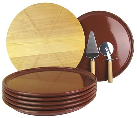 Lentz Set di 6 piatti per pizza, Ø 32 cm, con tagliere per pizza in vero legno, in acciaio inox