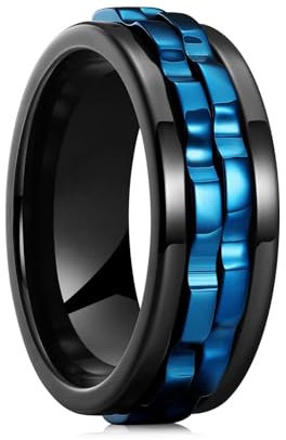 GAUEIOUR Men's Anxiety Ring,Mens Blue Gear Spinner Rings Stainless Steel Ring,Stress Relief Fidget Ring,Cool Titanium Steel Fidget Ring（Size 7）